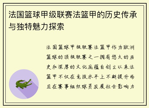 法国篮球甲级联赛法篮甲的历史传承与独特魅力探索 法国篮球甲级联赛法篮甲的历史传承与独特魅力探索